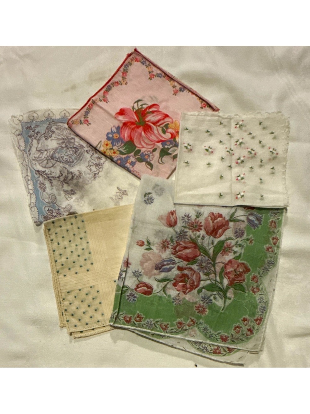 Lot of 5 Vintage Floral Print Handkerchiefs with Embroidered Lace, Multicolor
